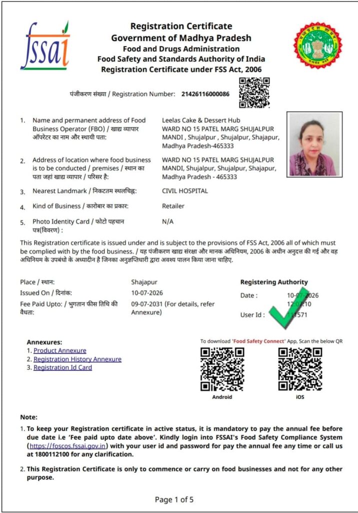 FSSAI Food Safety Registration Certificate for Leela's Cake & Dessert Hub